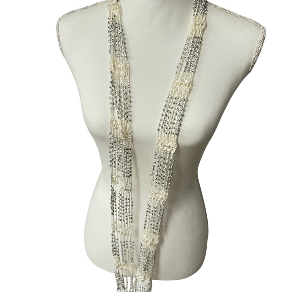 Boho Crochet Cream & Silver Necklace Extra Long Layering